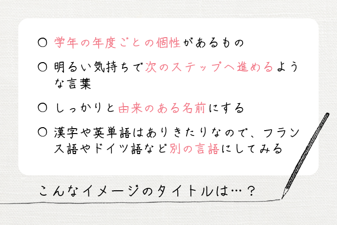 こんなイメージのタイトルはどう？　・学年の年度ごとの個性があるもの。　・明るい気持ちで次のステップへ進めるような言葉。　・しっかりと由来のある名前にする。　・漢字や英単語はありきたりなので、フランス語やドイツ語など別の言語にしてみる。